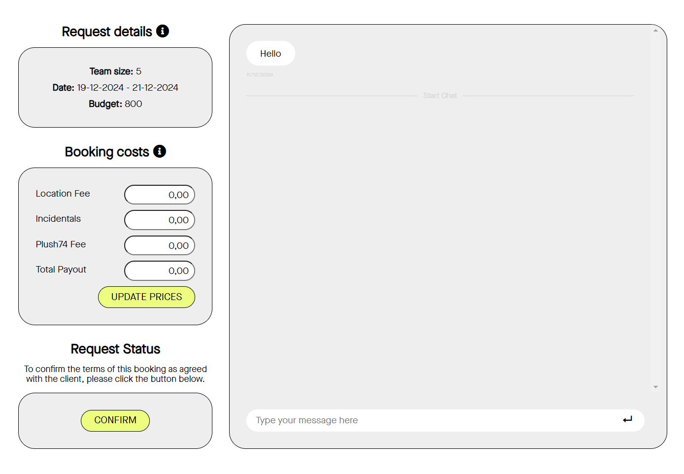 Plush74 booking request and cost breakdown